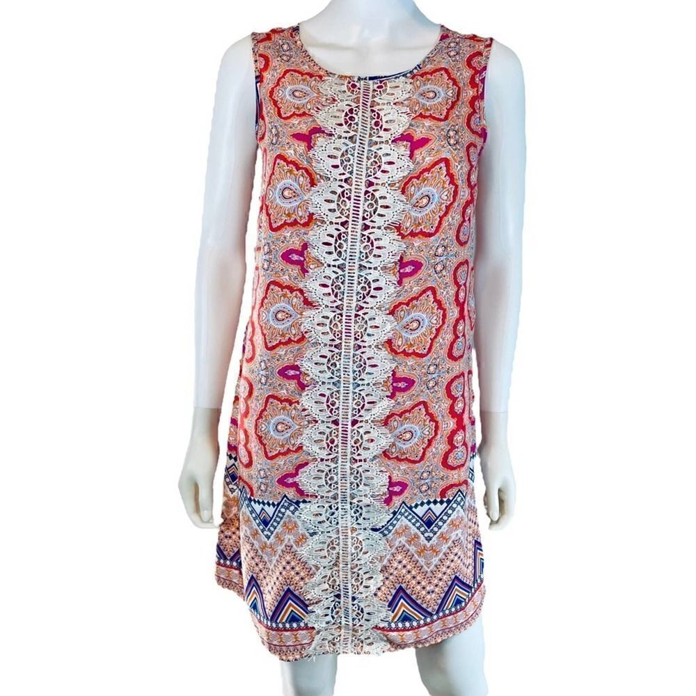 BeBop Bohemian Shift Dress Medium Orange Blue Lacey